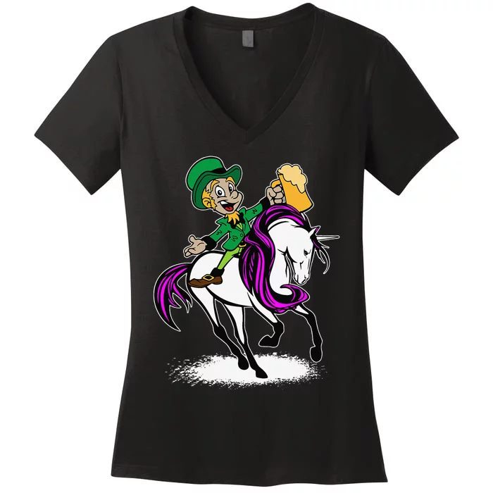 Saint Patrick's Day Leprechaun Riding Unicorn Women's V-Neck T-Shirt