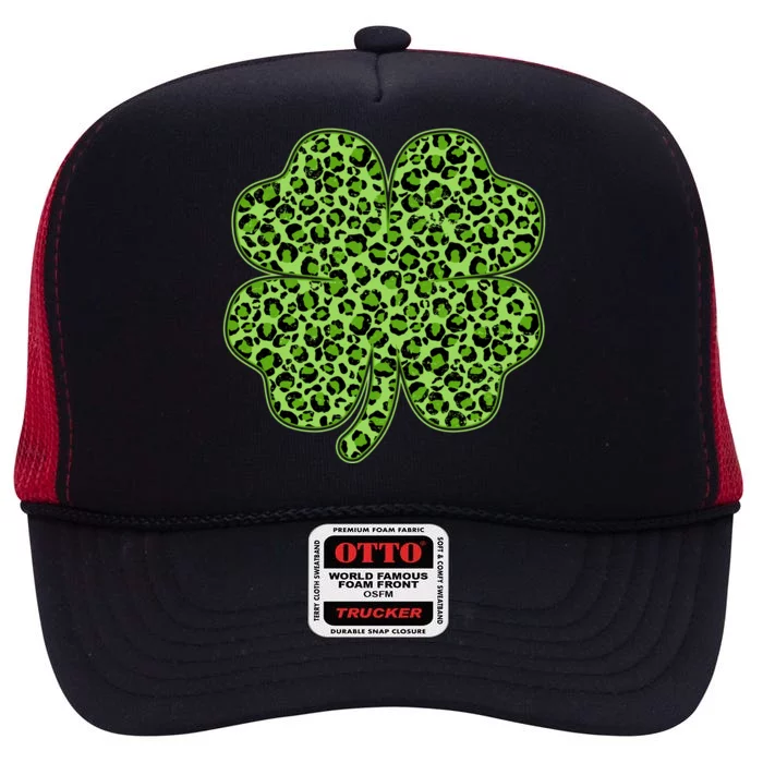 St Patrick's Day Leopard Print Shamrock Clover High Crown Mesh Trucker Hat