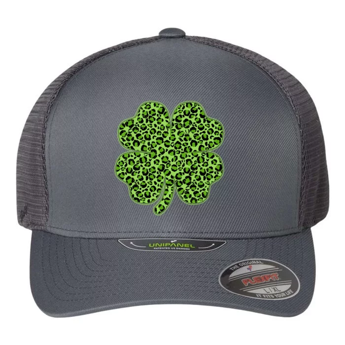 St Patrick's Day Leopard Print Shamrock Clover Flexfit Unipanel Trucker Cap