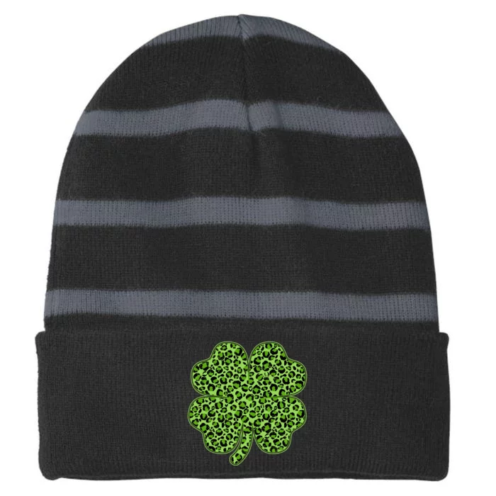 St Patrick's Day Leopard Print Shamrock Clover Striped Beanie with Solid Band