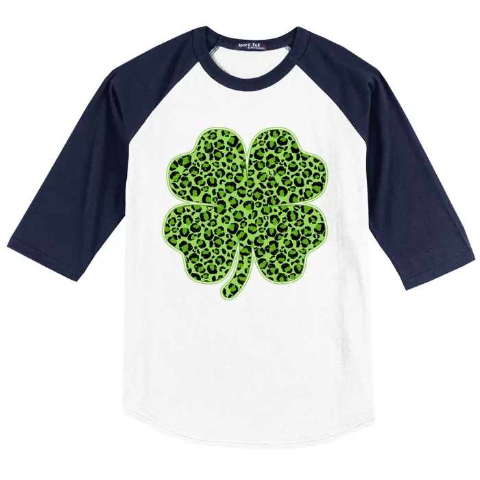 St Patrick's Day Leopard Print Shamrock Clover Baseball Sleeve Shirt