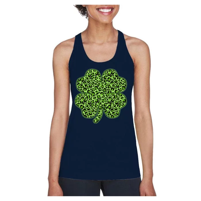 St Patrick's Day Leopard Print Shamrock Clover Women's Racerback Tank