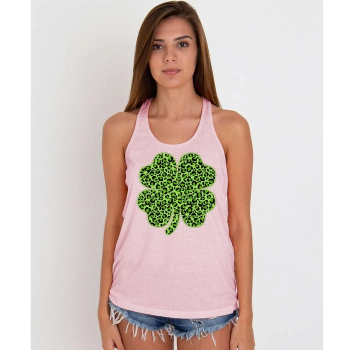 St Patrick's Day Leopard Print Shamrock Clover Women's Knotted Racerback Tank