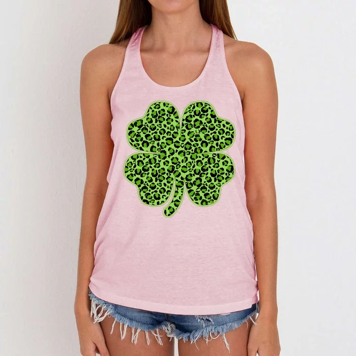 St Patrick's Day Leopard Print Shamrock Clover Women's Knotted Racerback Tank