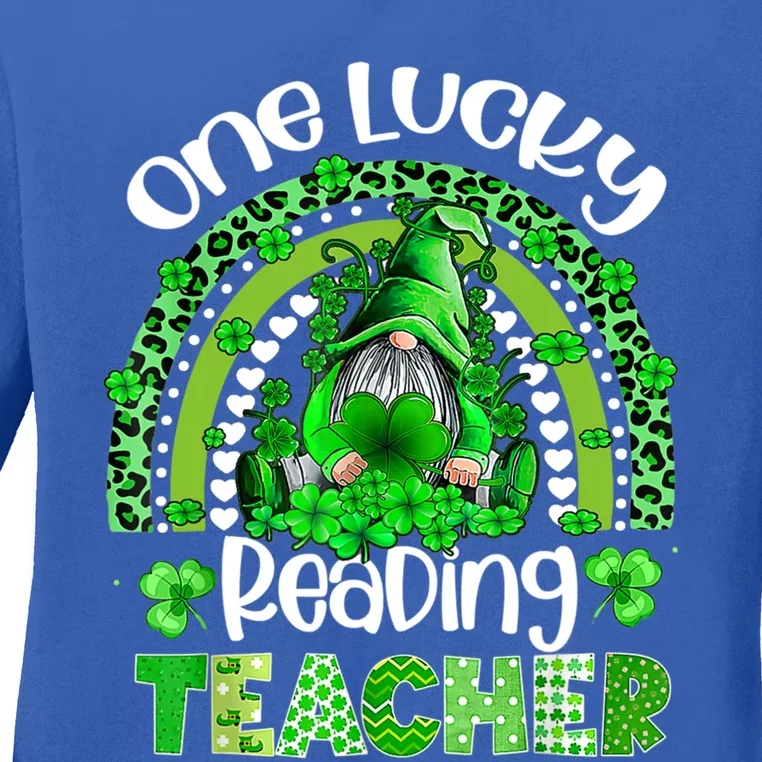 St Patricks Day Cute Gnome One Lucky Reading Teacher Rainbow Gift Ladies Long Sleeve Shirt