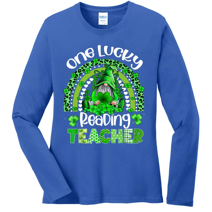 St Patricks Day Cute Gnome One Lucky Reading Teacher Rainbow Gift Ladies Long Sleeve Shirt