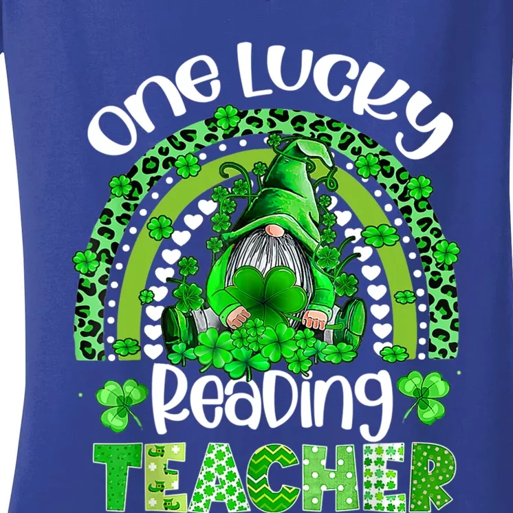 St Patricks Day Cute Gnome One Lucky Reading Teacher Rainbow Gift Women's V-Neck T-Shirt