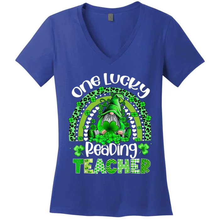 St Patricks Day Cute Gnome One Lucky Reading Teacher Rainbow Gift Women's V-Neck T-Shirt