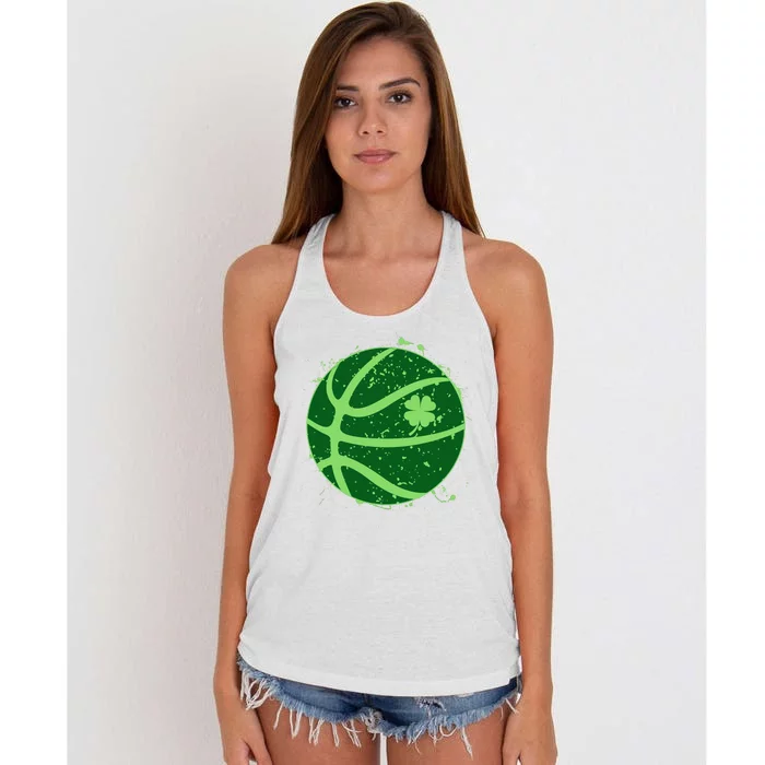 St Patrick's Day Lucky Shamrock Paint Splat Basketball Women's Knotted Racerback Tank