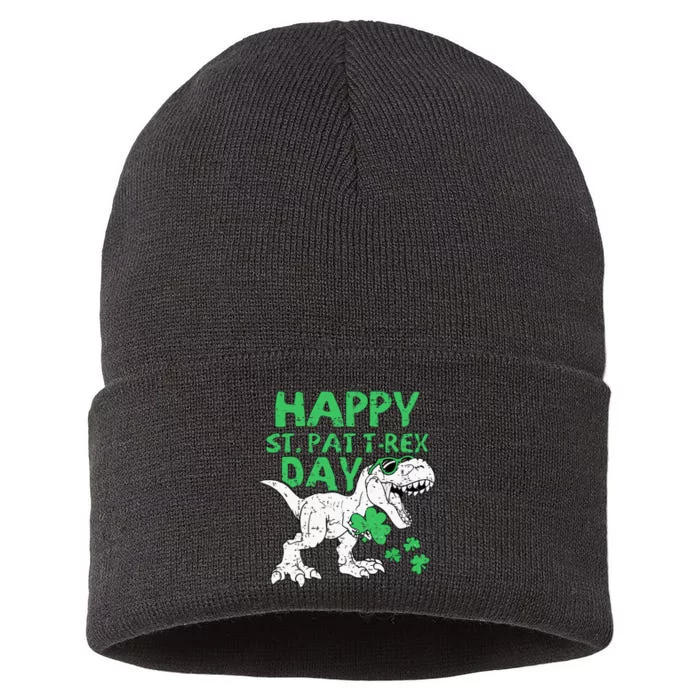 St Patricks Day Happy St Pat Trex Day Dinosaur Boy Sustainable Knit Beanie