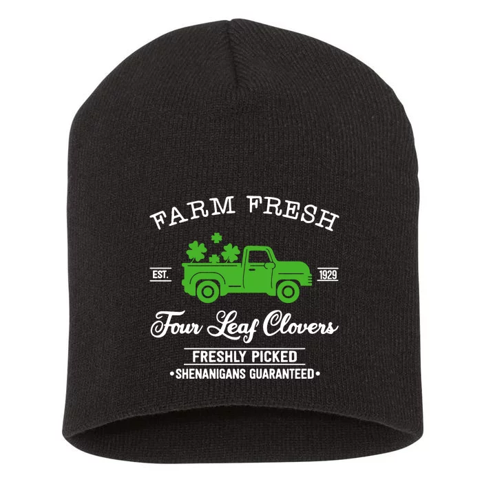 St Patricks Day Farm Fresh Four Leaf Clovers Farmhouse Truck Short Acrylic Beanie