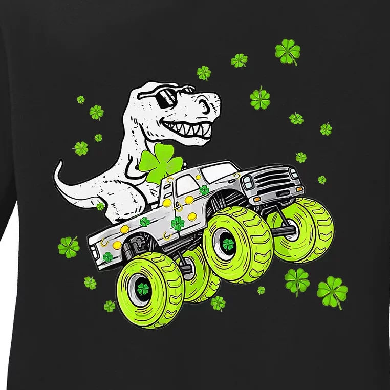 St Patricks Day Monster Truck Dinosaur Ladies Long Sleeve Shirt