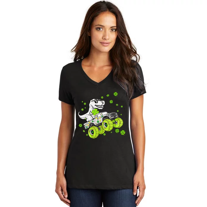 St Patricks Day Monster Truck Dinosaur Women's V-Neck T-Shirt