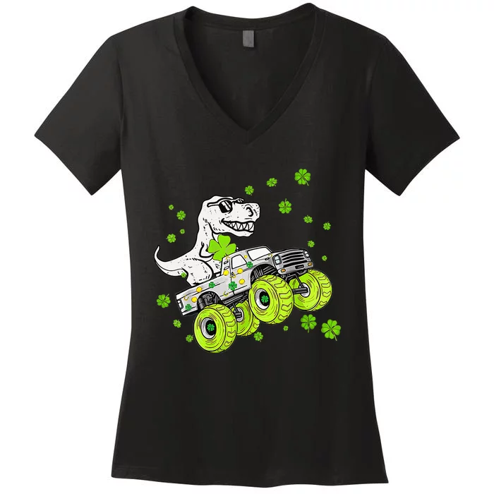 St Patricks Day Monster Truck Dinosaur Women's V-Neck T-Shirt