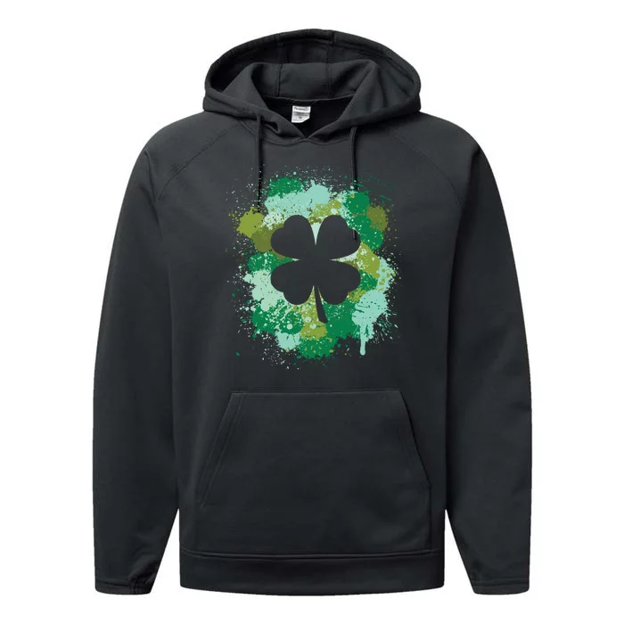 St Patricks Day 4 Leaf Clover Irish Green Color Splashes Lucky Shamrock Art Performance Fleece Hoodie