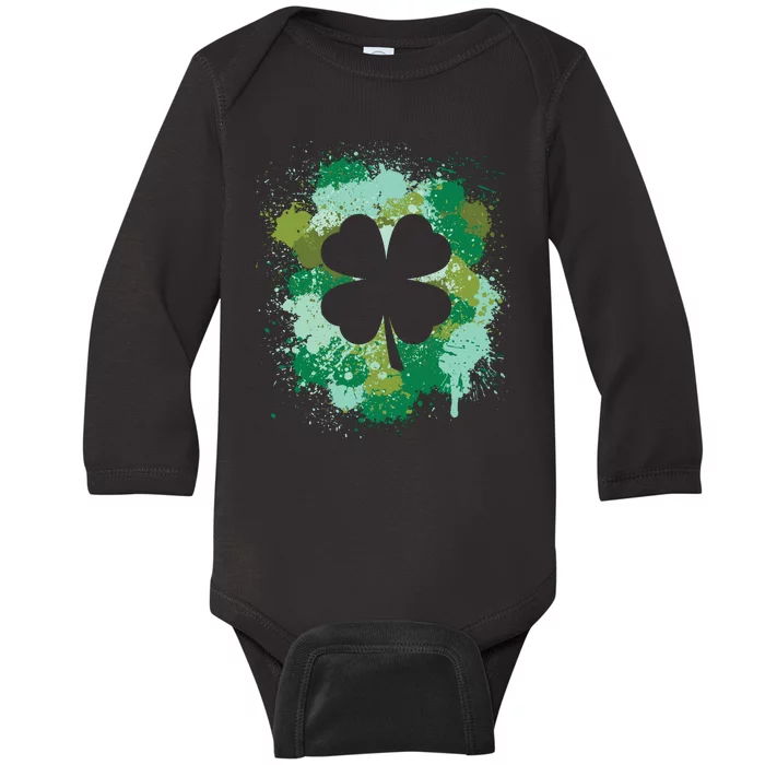 St Patricks Day 4 Leaf Clover Irish Green Color Splashes Lucky Shamrock Art Baby Long Sleeve Bodysuit