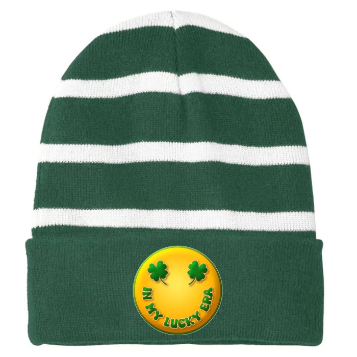 St Patricks Day In My Lucky Era Smiley Emoji Striped Beanie with Solid Band