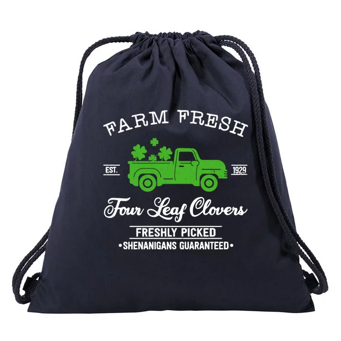 St Patricks Day Farm Fresh Four Leaf Clovers Farmhouse Truck Drawstring Bag