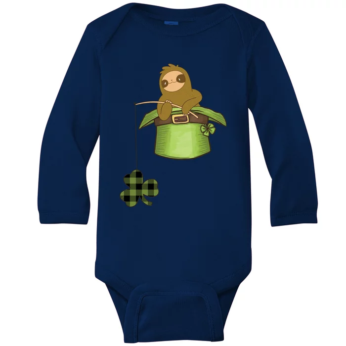 St Patricks Day Fishing Sloth Shamrock Plaid Ireland Clover Gift Baby Long Sleeve Bodysuit