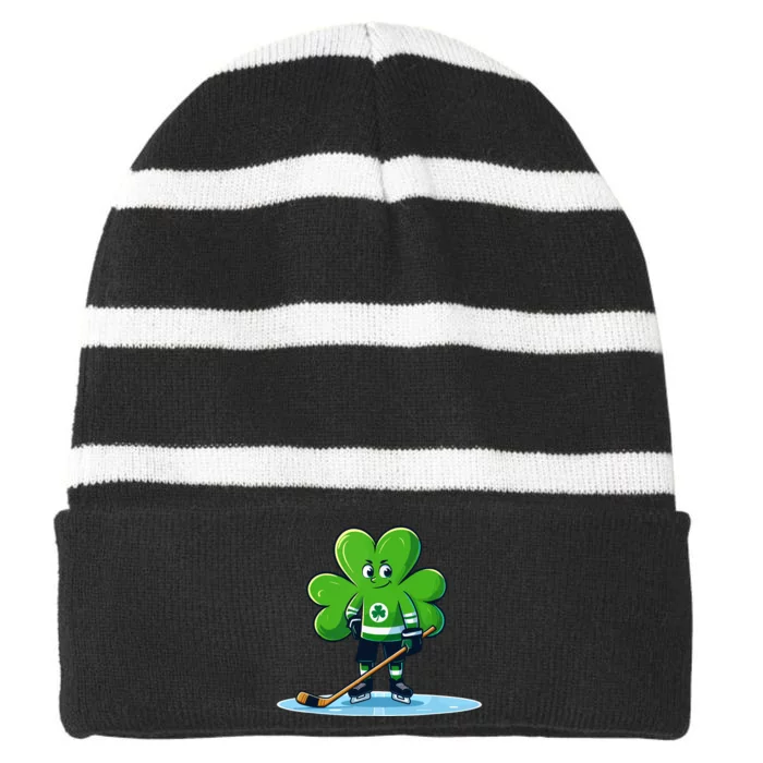 St Patricks Day Shamrock Ice Hockey Player Striped Beanie with Solid Band