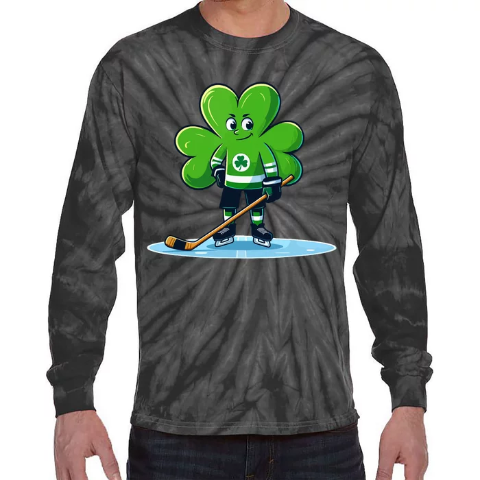 St Patricks Day Shamrock Ice Hockey Player Tie-Dye Long Sleeve Shirt