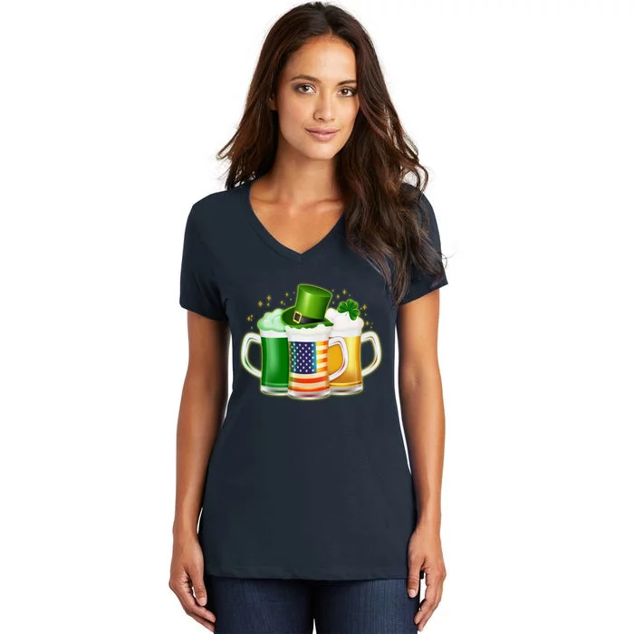 St Patricks Day Usa American Flag Beers Women's V-Neck T-Shirt