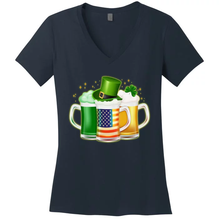 St Patricks Day Usa American Flag Beers Women's V-Neck T-Shirt