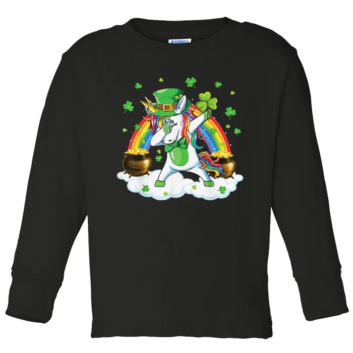 St Patricks Day Girls Dabbing Unicorn Leprechaun Lepricorn Toddler Long Sleeve Shirt