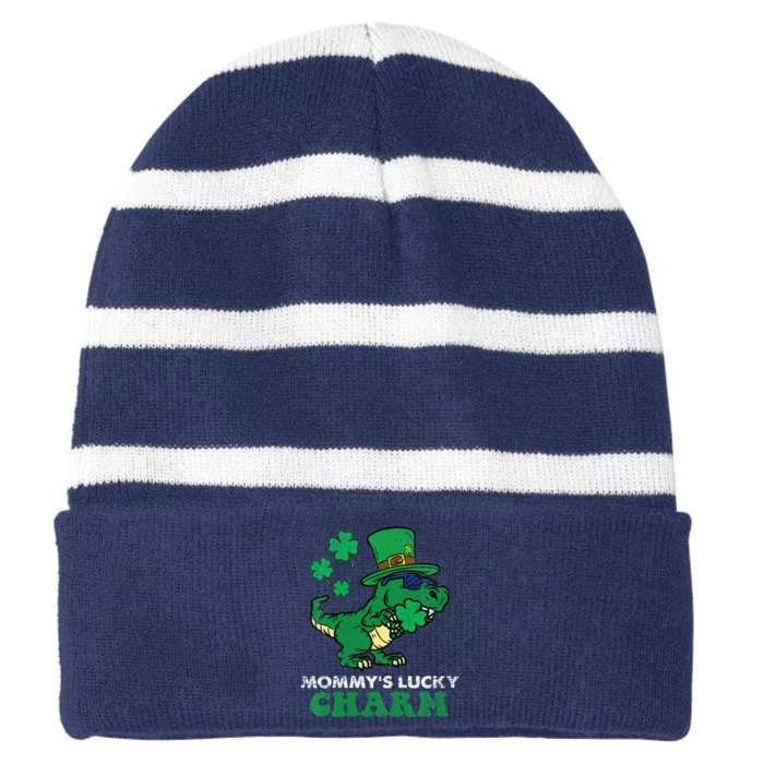 St Patricks Day Mommys Lucky Charm TRex Striped Beanie with Solid Band