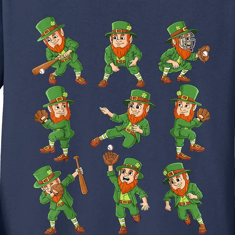 St Patricks Day Leprechaun Baseball Player Kids Long Sleeve Shirt