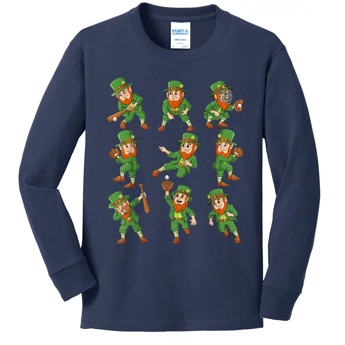 St Patricks Day Leprechaun Baseball Player Kids Long Sleeve Shirt