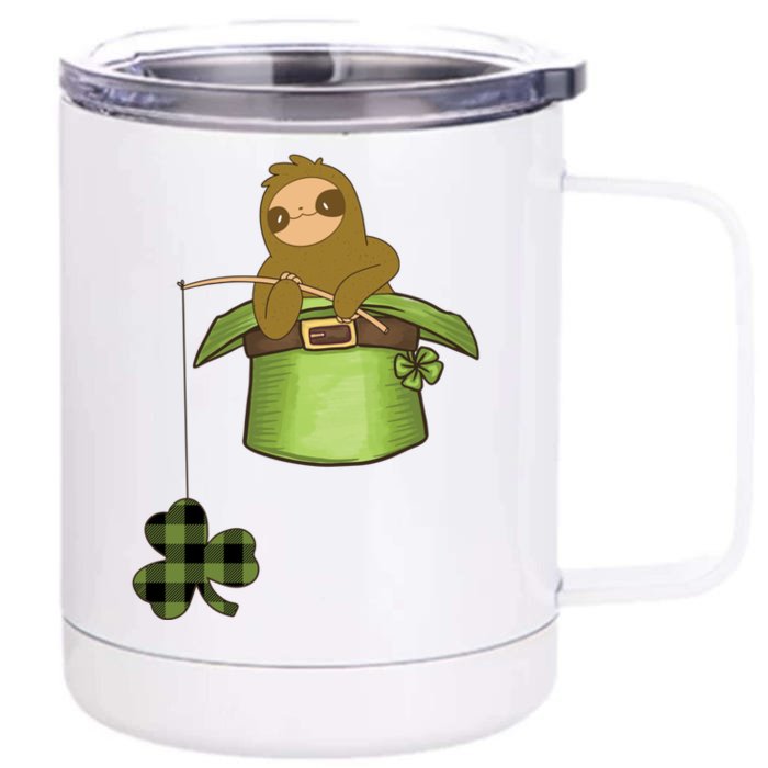 St Patricks Day Fishing Sloth Shamrock Plaid Ireland Clover Gift Front & Back 12oz Stainless Steel Tumbler Cup