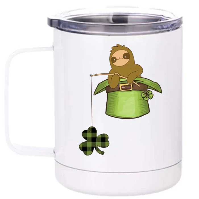 St Patricks Day Fishing Sloth Shamrock Plaid Ireland Clover Gift Front & Back 12oz Stainless Steel Tumbler Cup