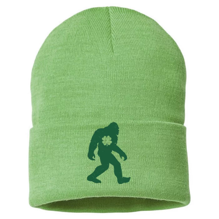 St Patricks Day Lucky Shamrock Clover Big Foot Sasquatch Yeti Sustainable Knit Beanie