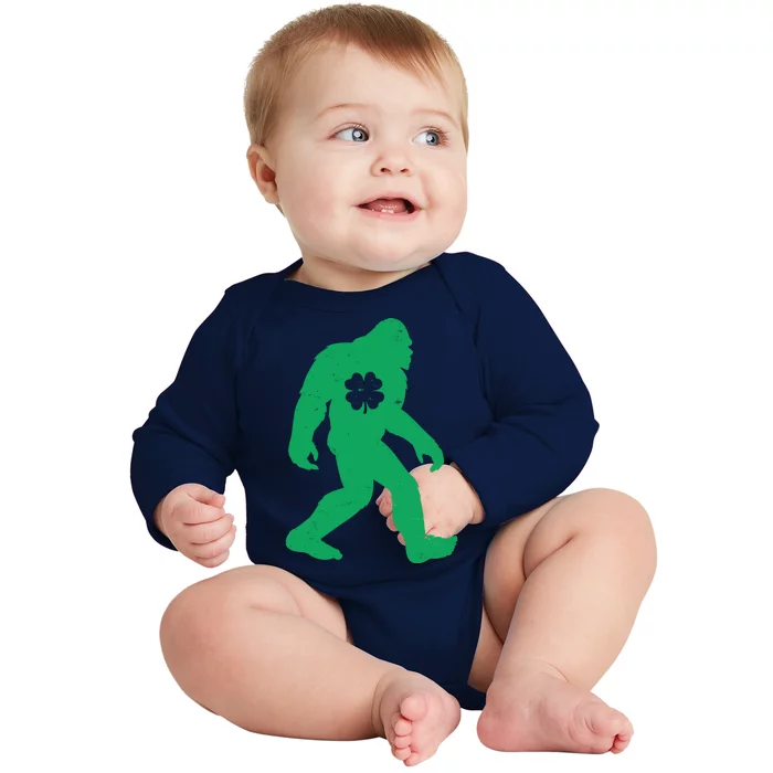 St Patricks Day Lucky Shamrock Clover Big Foot Sasquatch Yeti Baby Long Sleeve Bodysuit