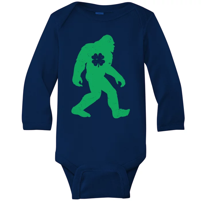 St Patricks Day Lucky Shamrock Clover Big Foot Sasquatch Yeti Baby Long Sleeve Bodysuit