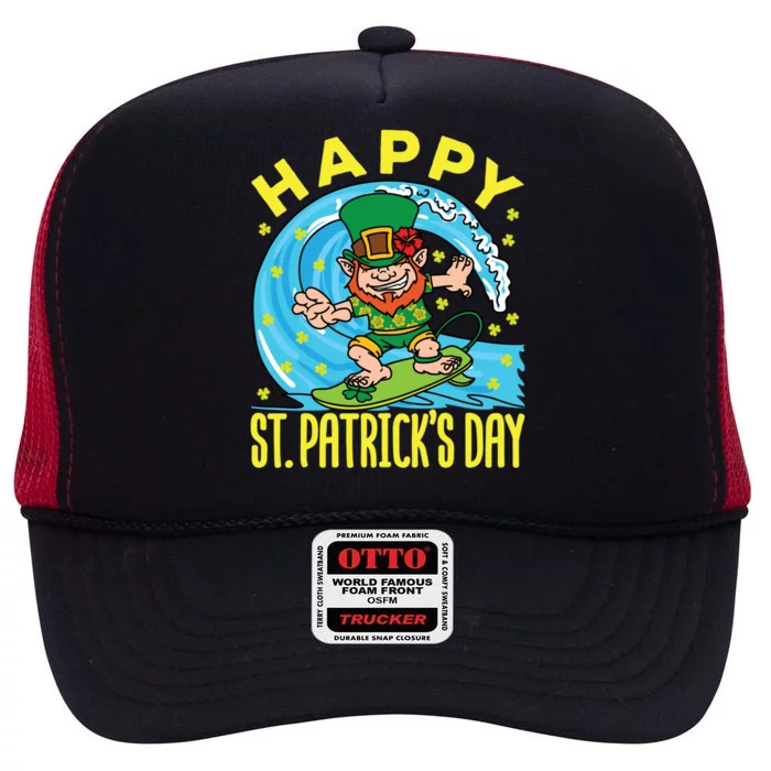 St Patricks Day Hawaiian Leprechaun Surfing Meaningful Gift High Crown Mesh Trucker Hat