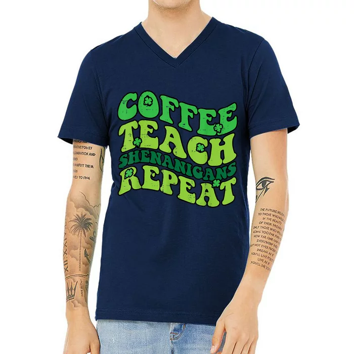 St Patricks Day Coffee Teach Saint Paddys Teacher V-Neck T-Shirt