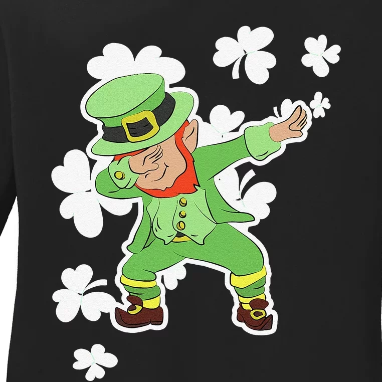 Saint Patrick's Day Dabbing Leprechaun Funny Green Ladies Long Sleeve Shirt