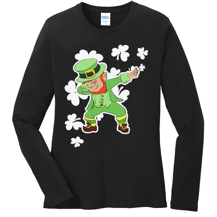 Saint Patrick's Day Dabbing Leprechaun Funny Green Ladies Long Sleeve Shirt