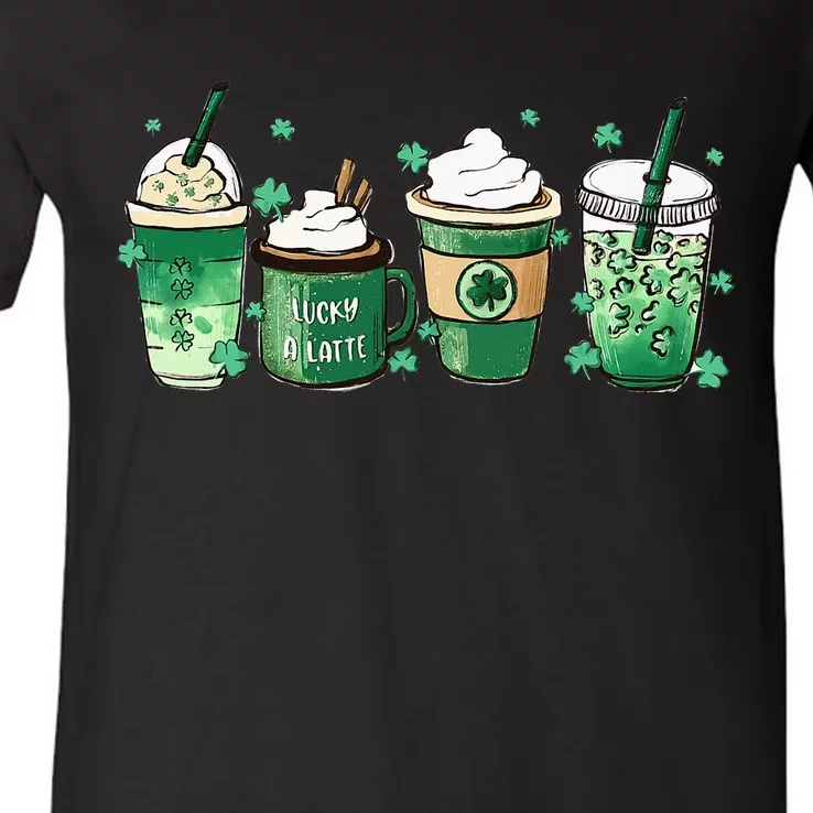 St Patrick's Day Coffee Lucky Latte Green Irish Shamrock V-Neck T-Shirt