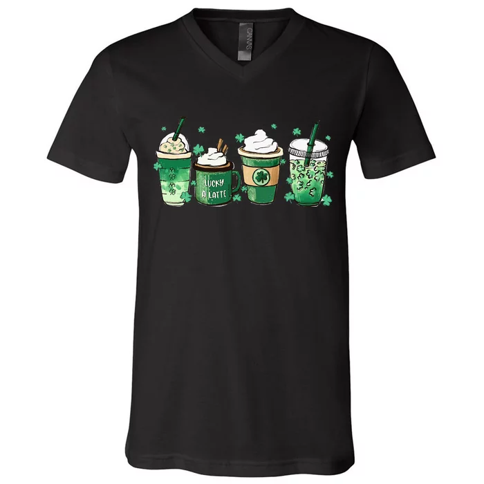 St Patrick's Day Coffee Lucky Latte Green Irish Shamrock V-Neck T-Shirt