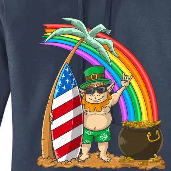 St Patricks Day Hawaii Patriotic Usa Flag Surfing Leprechaun Gift Women's Pullover Hoodie