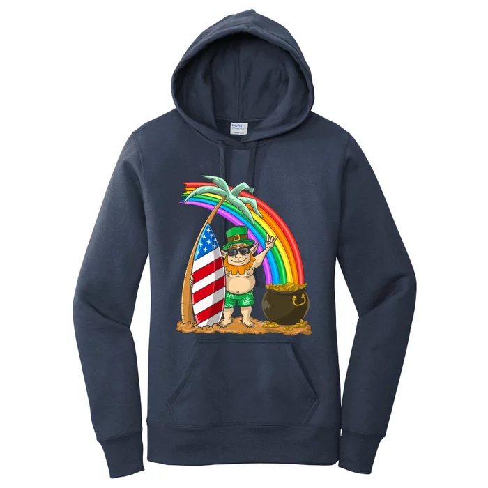 St Patricks Day Hawaii Patriotic Usa Flag Surfing Leprechaun Gift Women's Pullover Hoodie