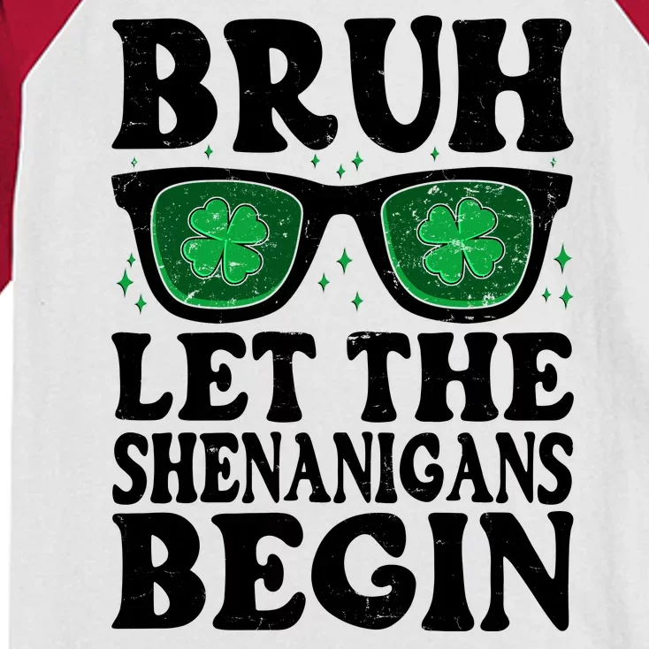 St Patricks Day Bruh Let The Shenanigans Begin Shamrock Clover Sun Glasses Kids Colorblock Raglan Jersey