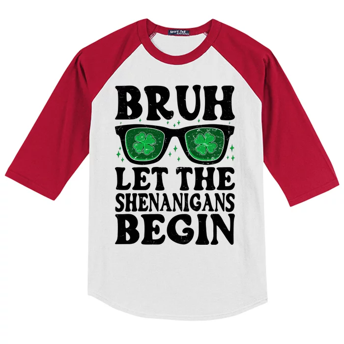 St Patricks Day Bruh Let The Shenanigans Begin Shamrock Clover Sun Glasses Kids Colorblock Raglan Jersey