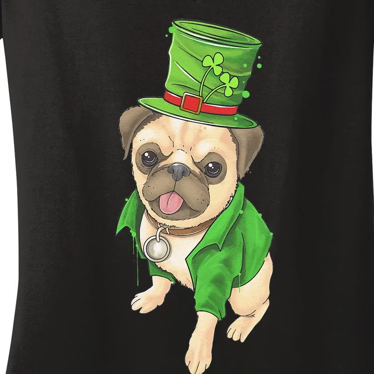 St. Pugtricks Day Pug With A Leprechaun Hat & Shamrock Funny Women's V-Neck T-Shirt