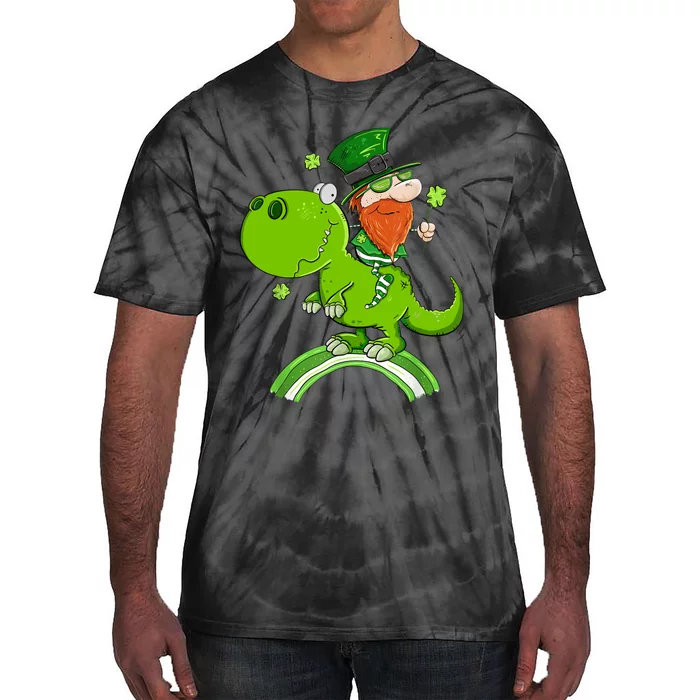 St. Patricks Day Leprechaun Riding A Dinosaur Shamrock Tie-Dye T-Shirt