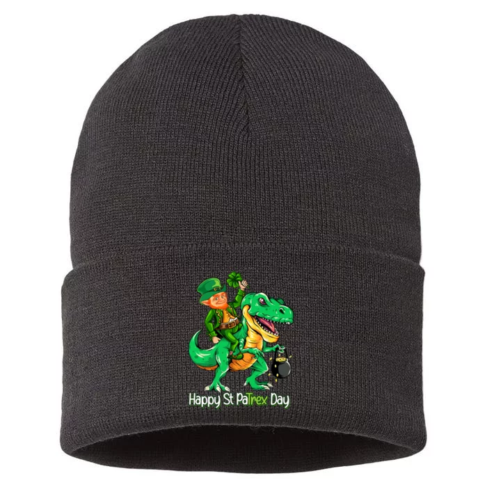 St Patricks Day Leprechaun Riding Dinosaur Gift Boy Sustainable Knit Beanie