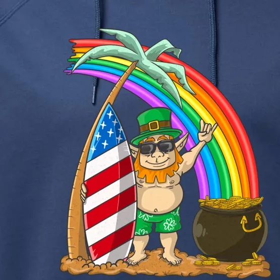 St Patricks Day Hawaii Patriotic Usa Flag Surfing Leprechaun Gift Performance Fleece Hoodie